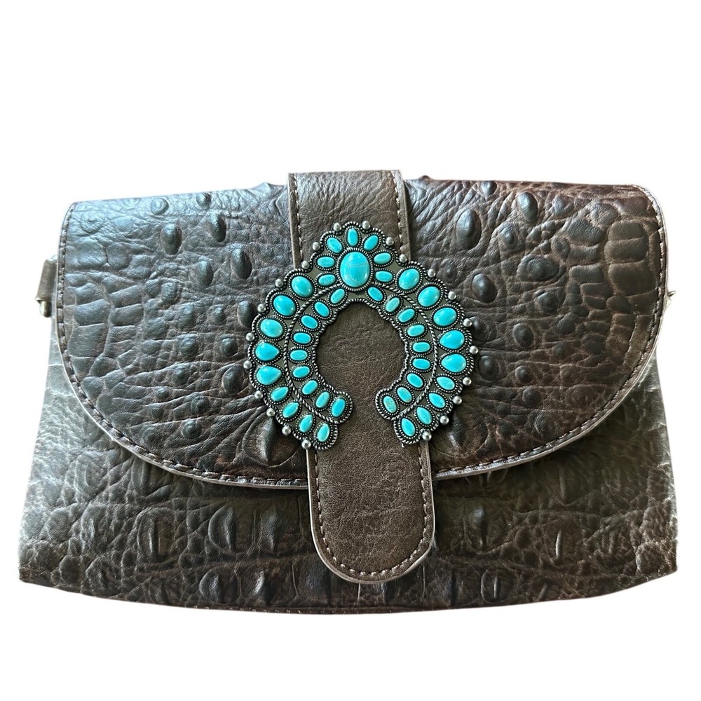 Wrangler Brown Croc Embossed Crossbody Bag Turquoise Horseshoe Buckle Western